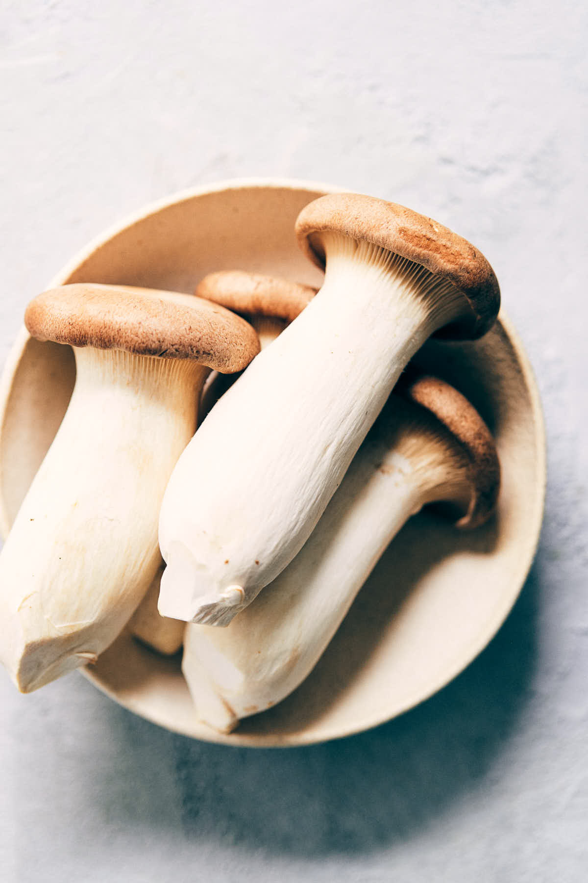 Close up of king oyster mushrooms in a white bowl