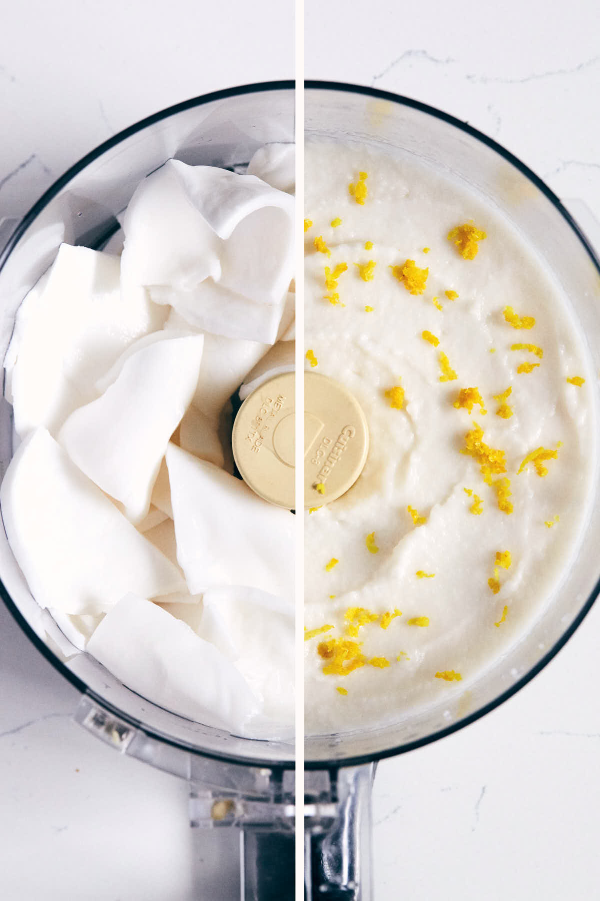 Before and after shot of food processor with coconut meat and lemon