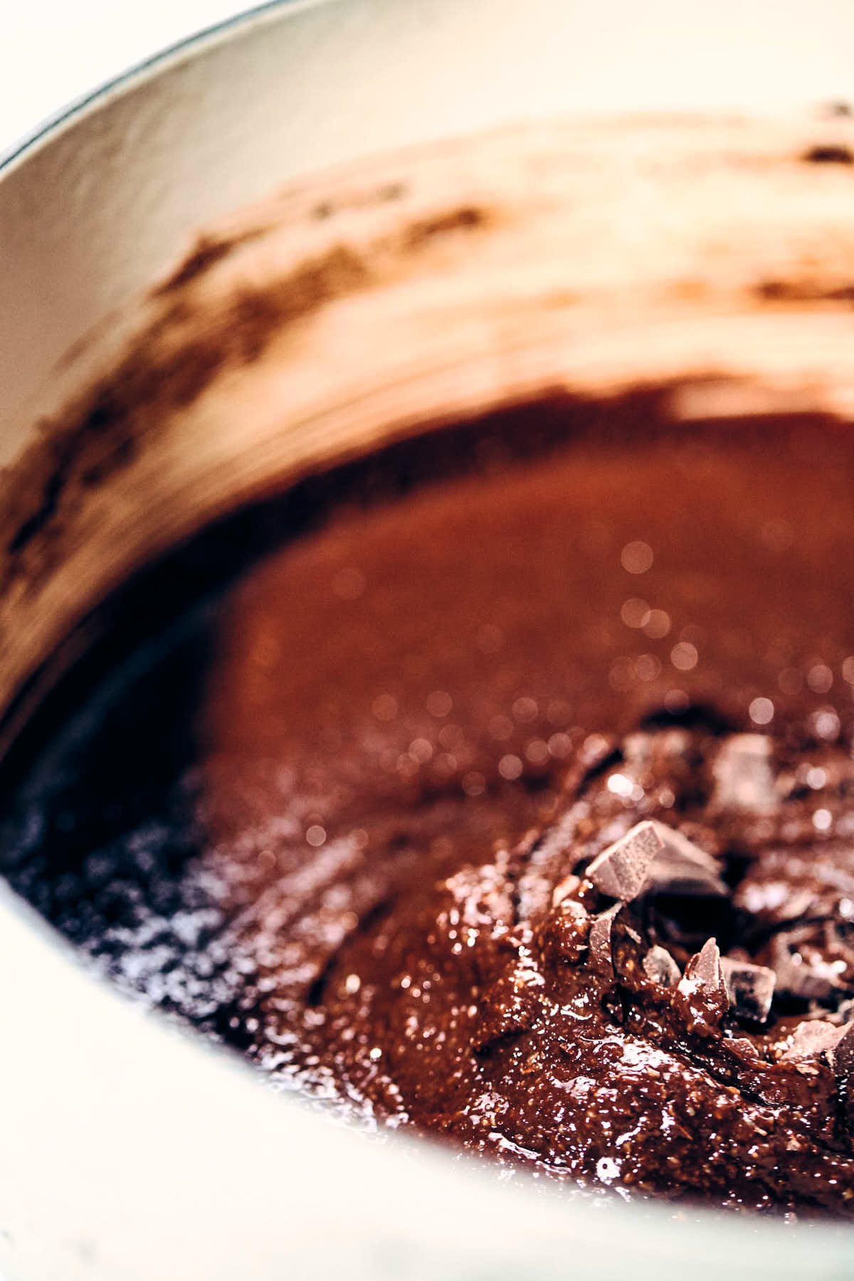 Chocolate being melted down in a dutch oven