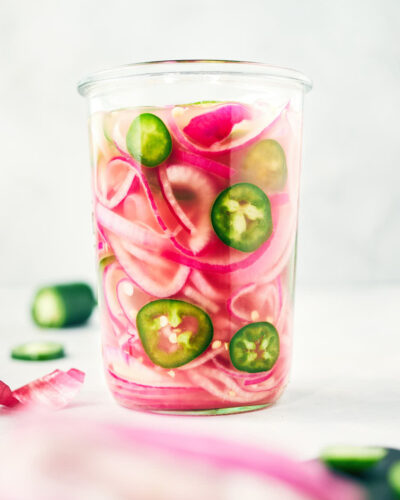 Jar of easy quick pickled red onions with jalapenos