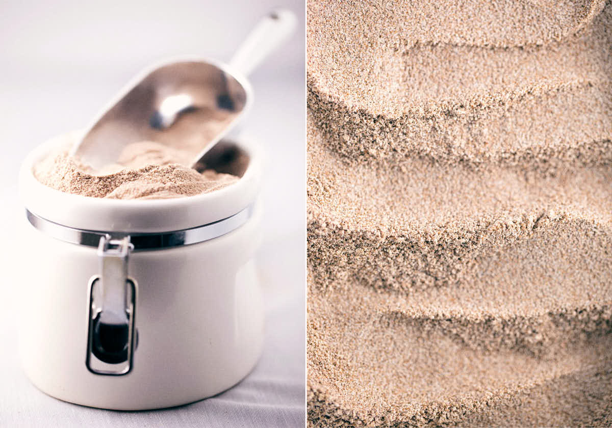Side by side of teff flour in a container and close up texture overhead