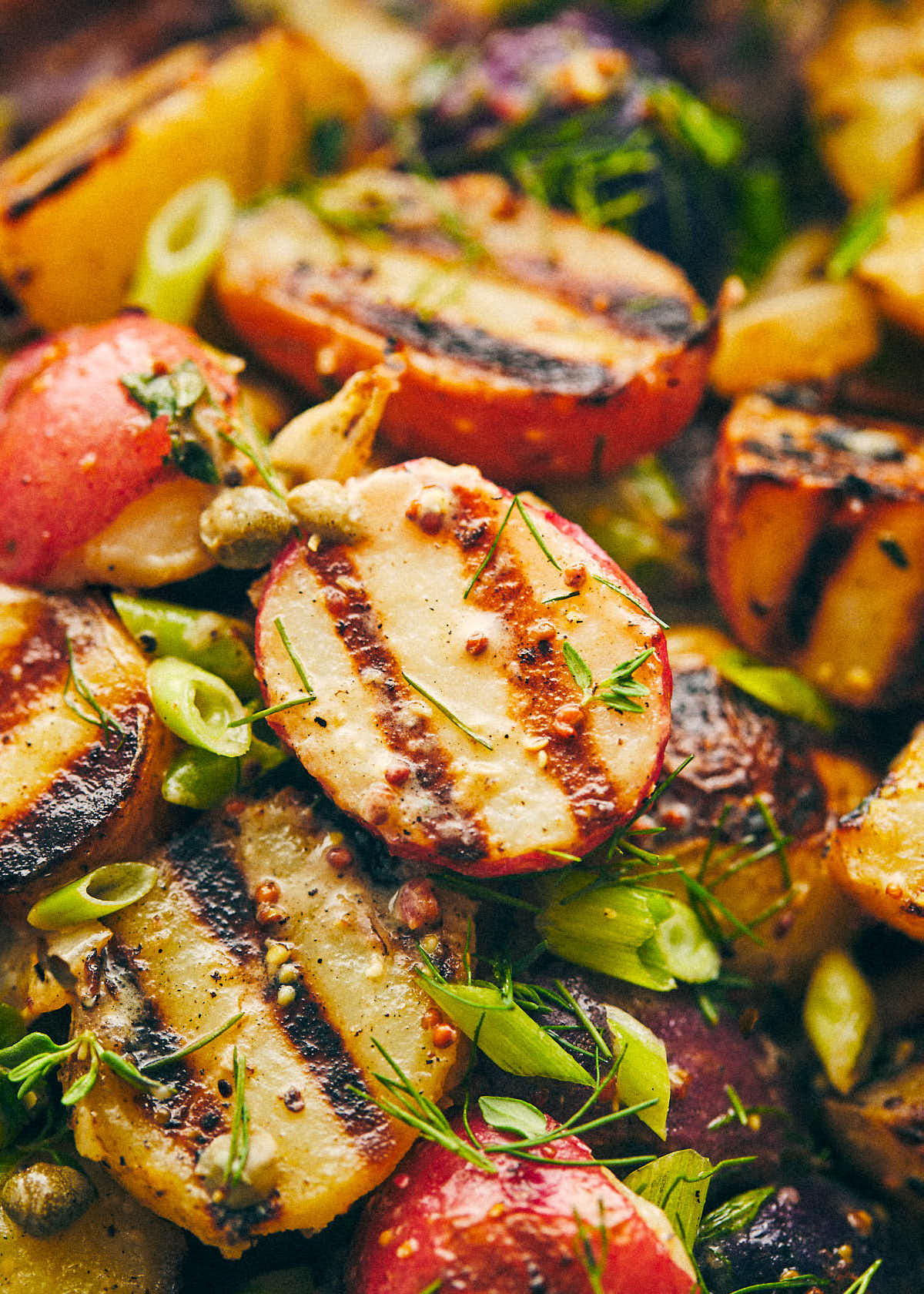 Close up shot of grilled potato salad topped with dressing and scallions