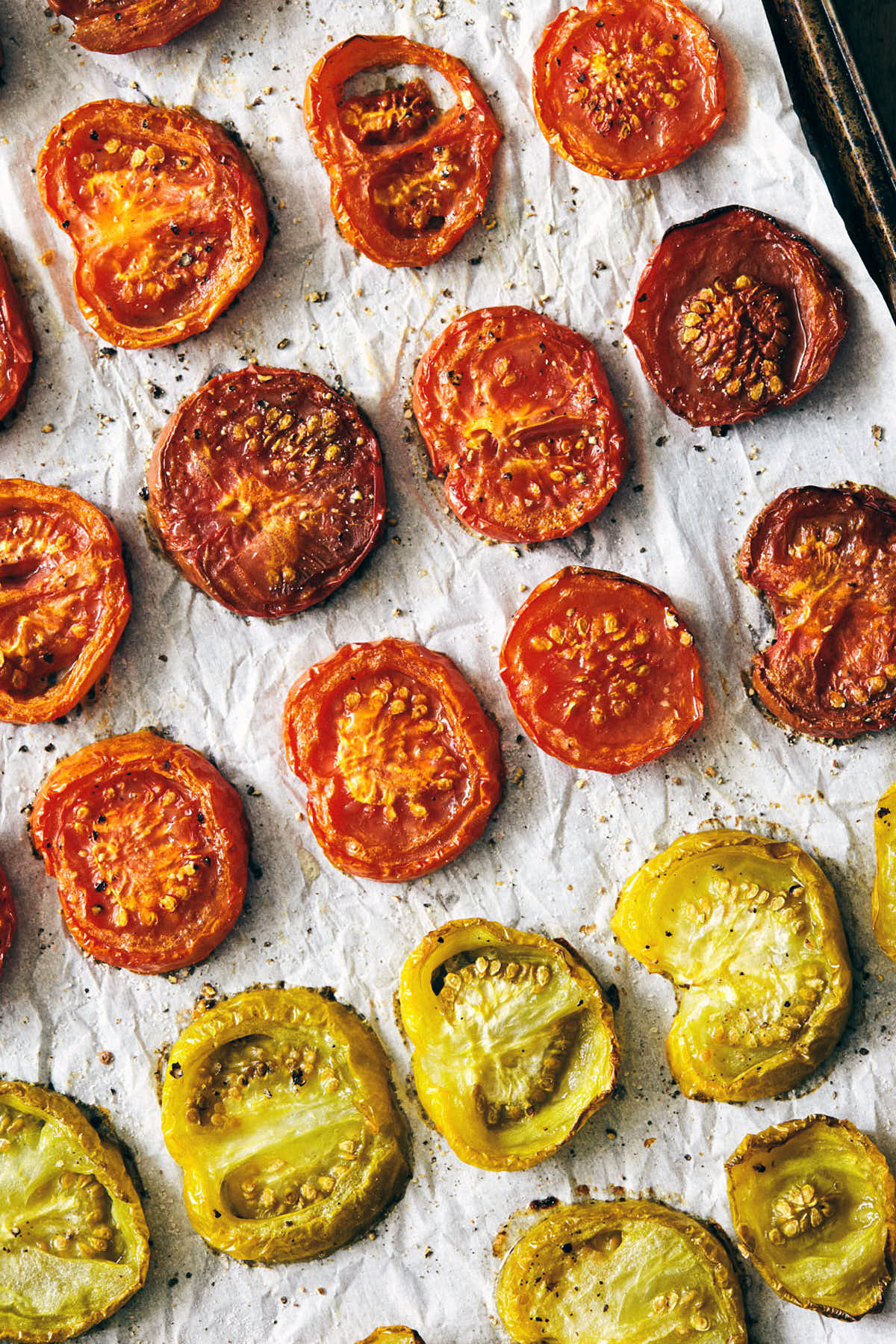 Roasted red and yellow heirloom tomatoes fresh out of the oven
