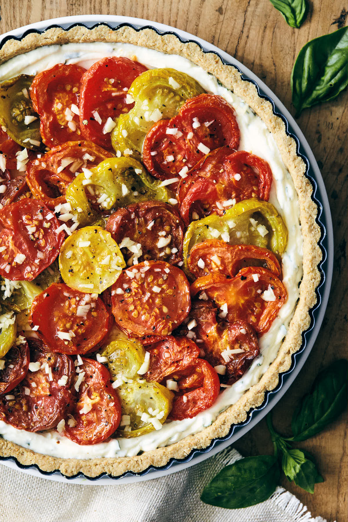 Heirloom tomato tart in a baking pan before going into oven