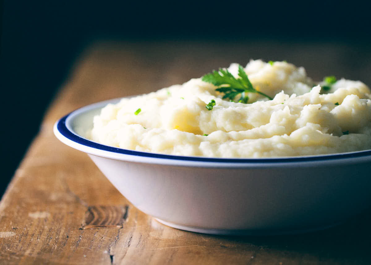 Parsnip mashed potatoes in a white bowl