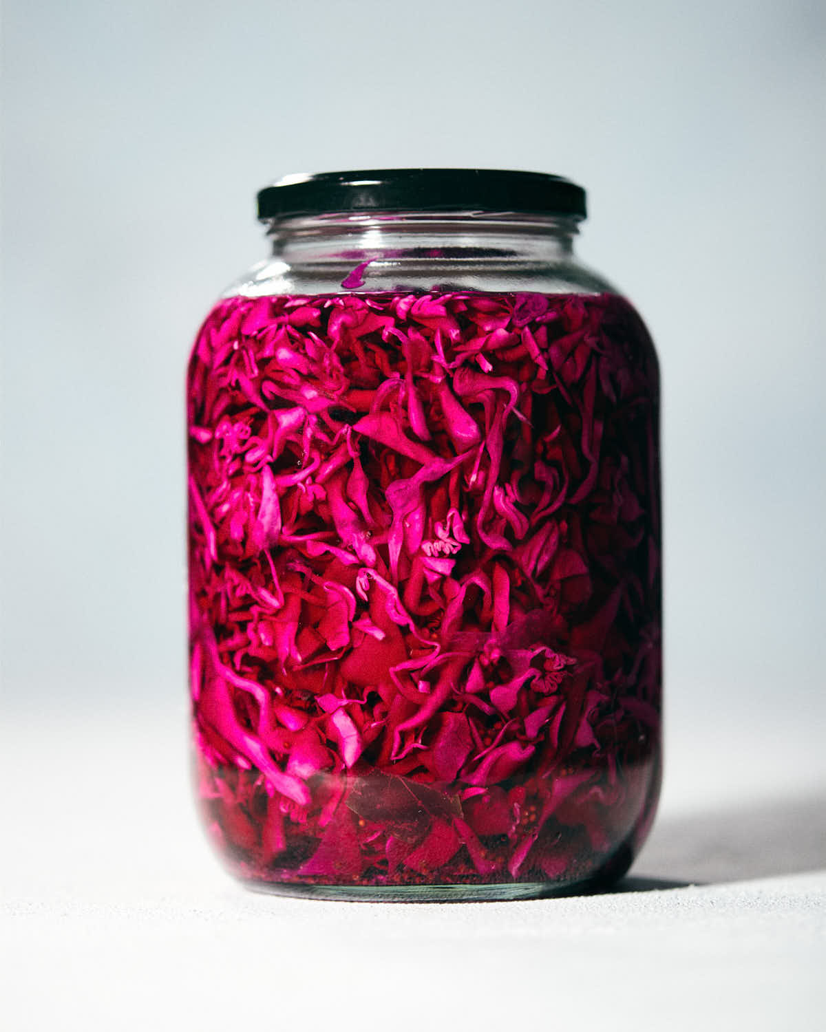 Pickled red cabbage in a jar on the counter