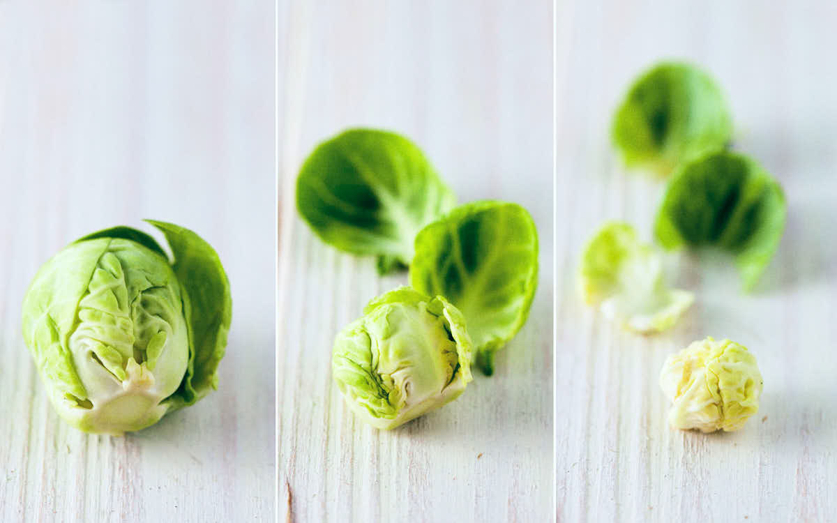 Step by step photo of peeling brussels sprouts