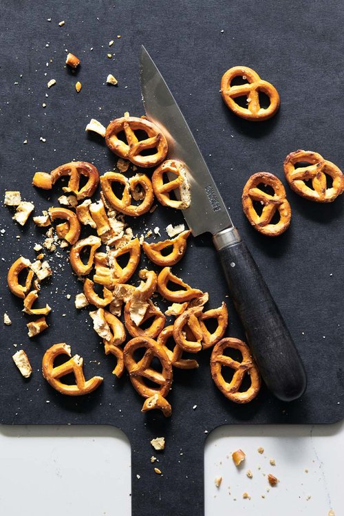Rough chopped pretzels before mixing into batter