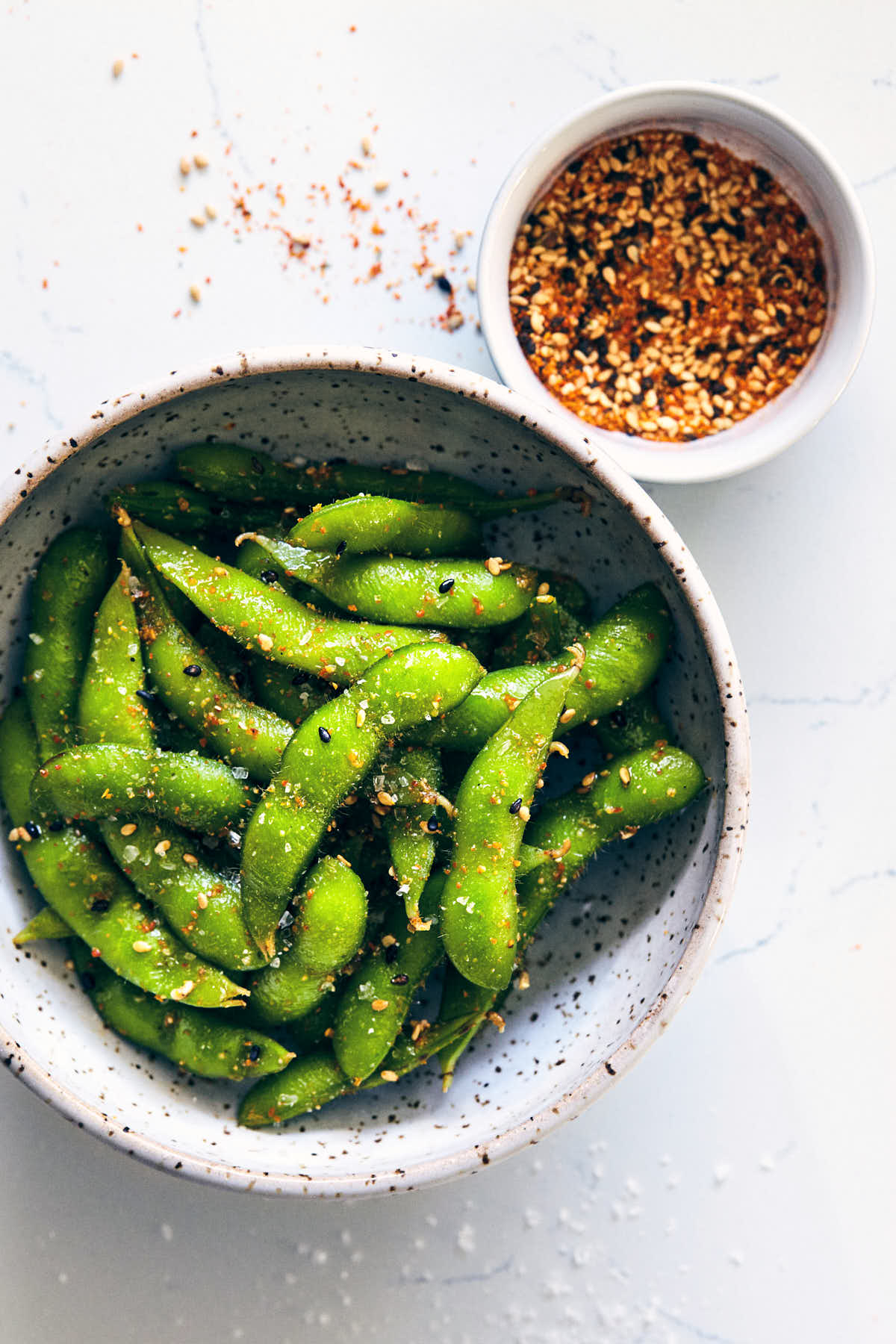 Sesame spiced edamame in a bowl before eating
