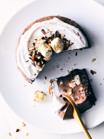 Vegan rocky road ice cream cake with a wooden spoon