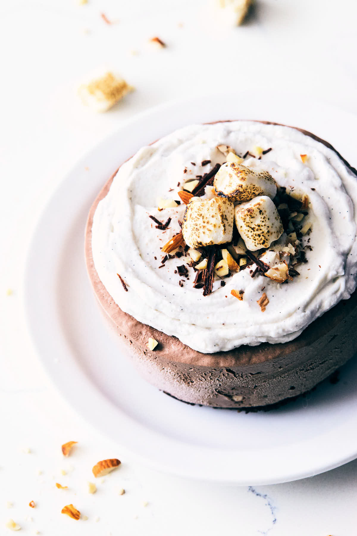 Ice cream cake topped with chopped nuts, chocolate and toasted marshmallows