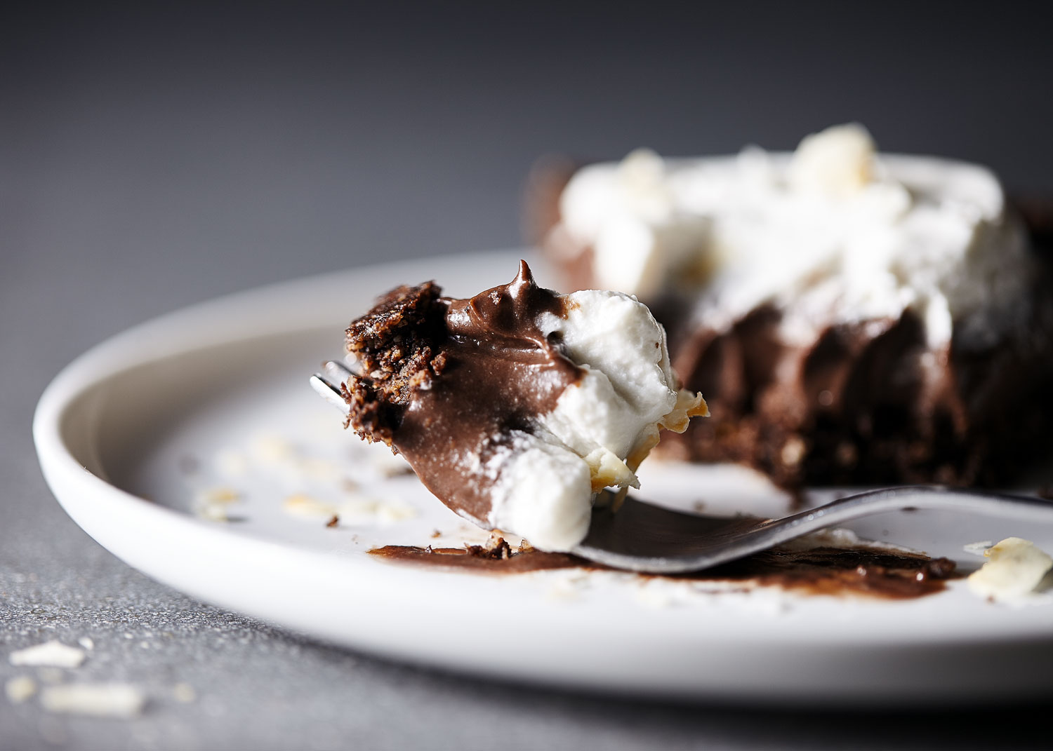 Chocolate coconut cream pie on a fork