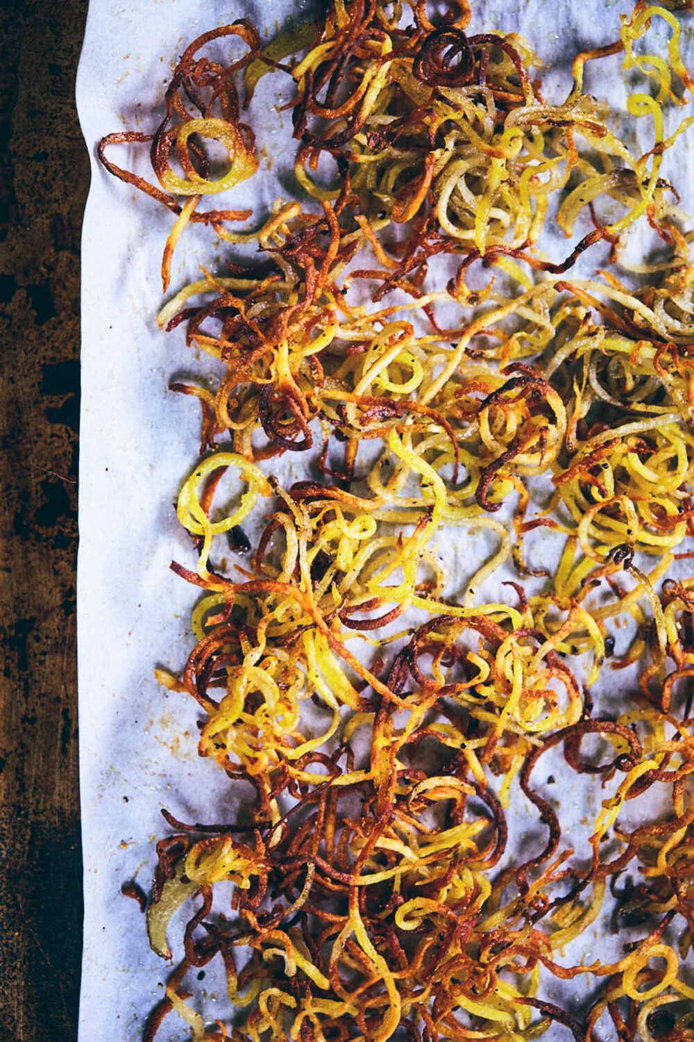 Crispy shoestring potatoes fresh out of the oven