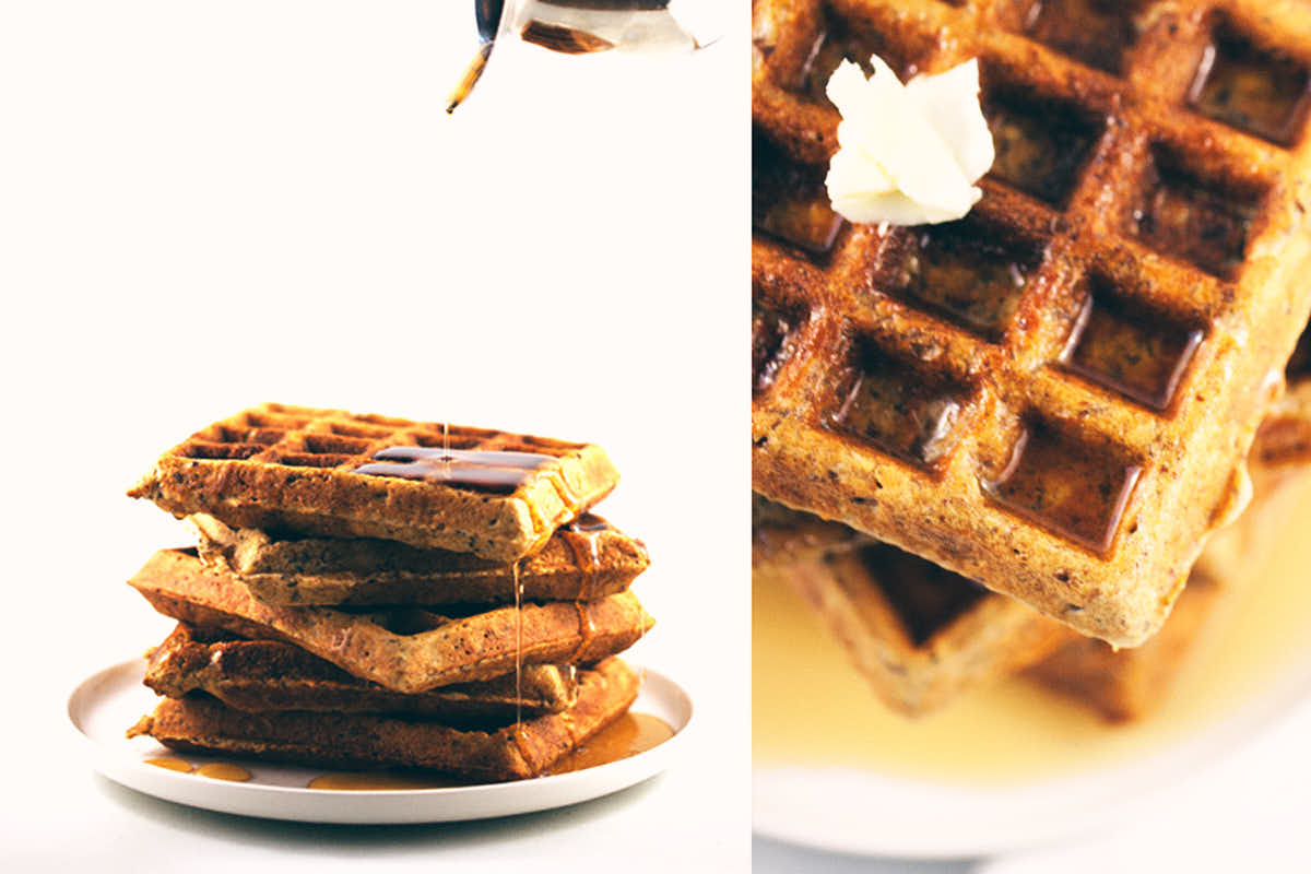 Drizzling maple syrup over whole wheat buttermilk waffles