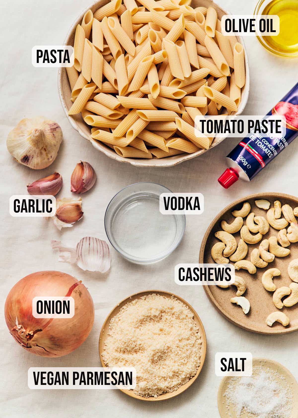 Ingredients to make vegan vodka sauce pasta, including dried penne, garlic, onion, tomato paste, vodka, cashews, and vegan parmesan cheese