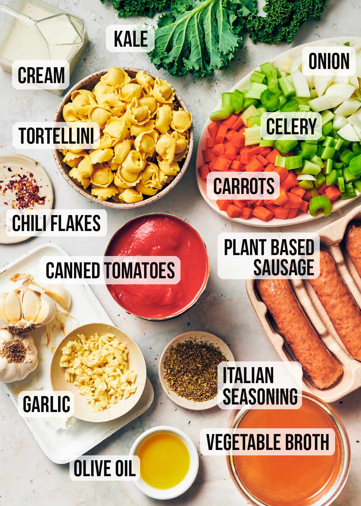 Ingredients to make vegetarian tortellini soup (tomatoes, sausage, carrots, celery, onion, garlic, stock, Italian seasoning).
