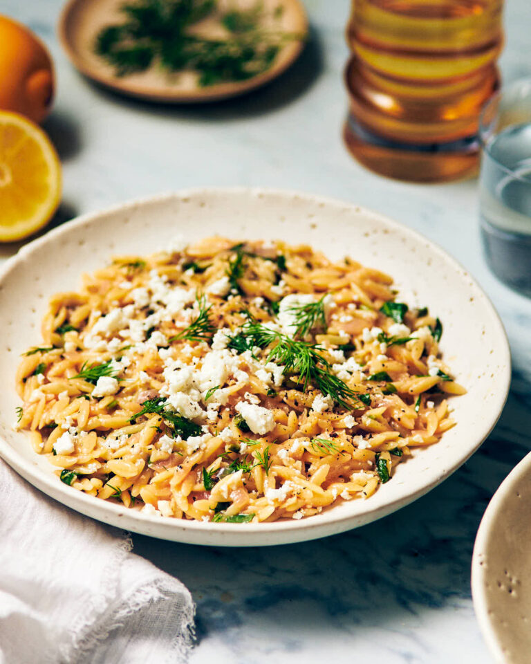 One Pan Lemon Spinach Orzo with Feta - Evergreen Kitchen