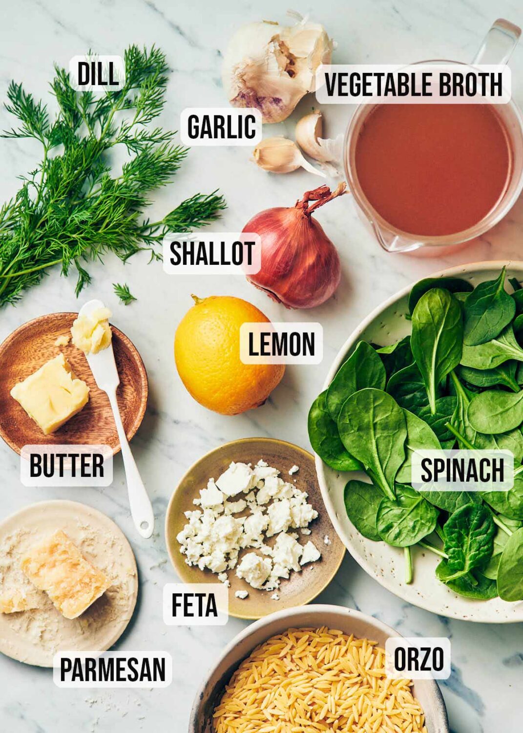 Ingredients to make One Pan Lemon Spinach Orzo with Feta.