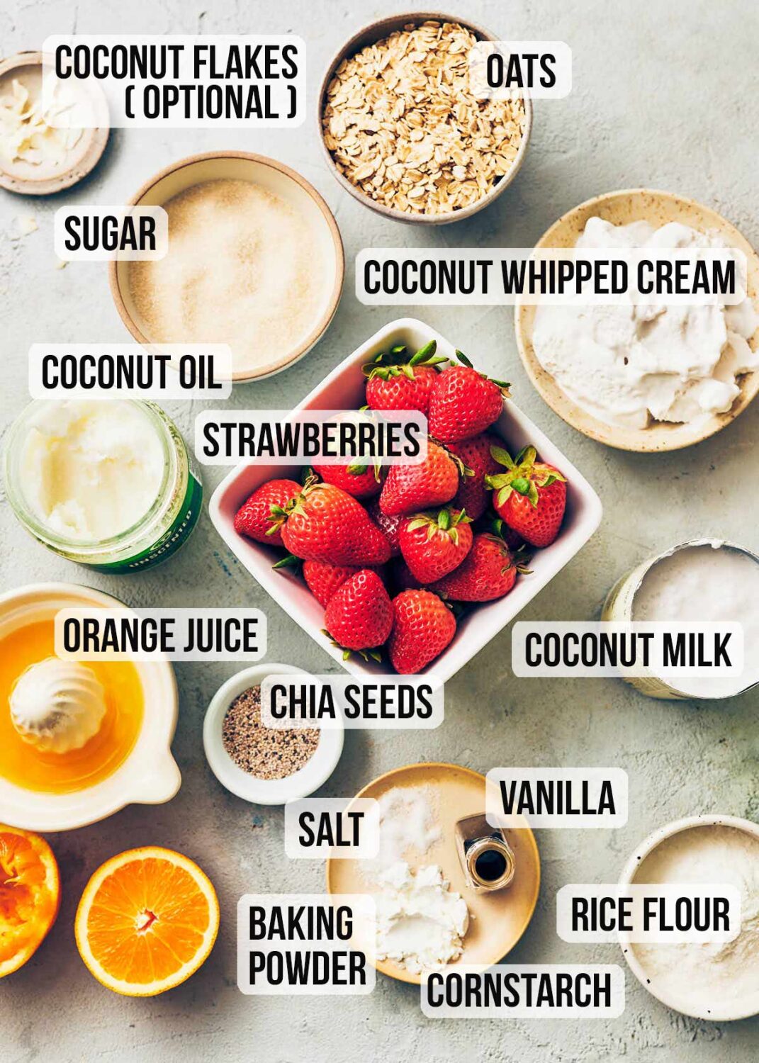 Ingredients to make vegan gluten-free stawberry shortcake in a jar.