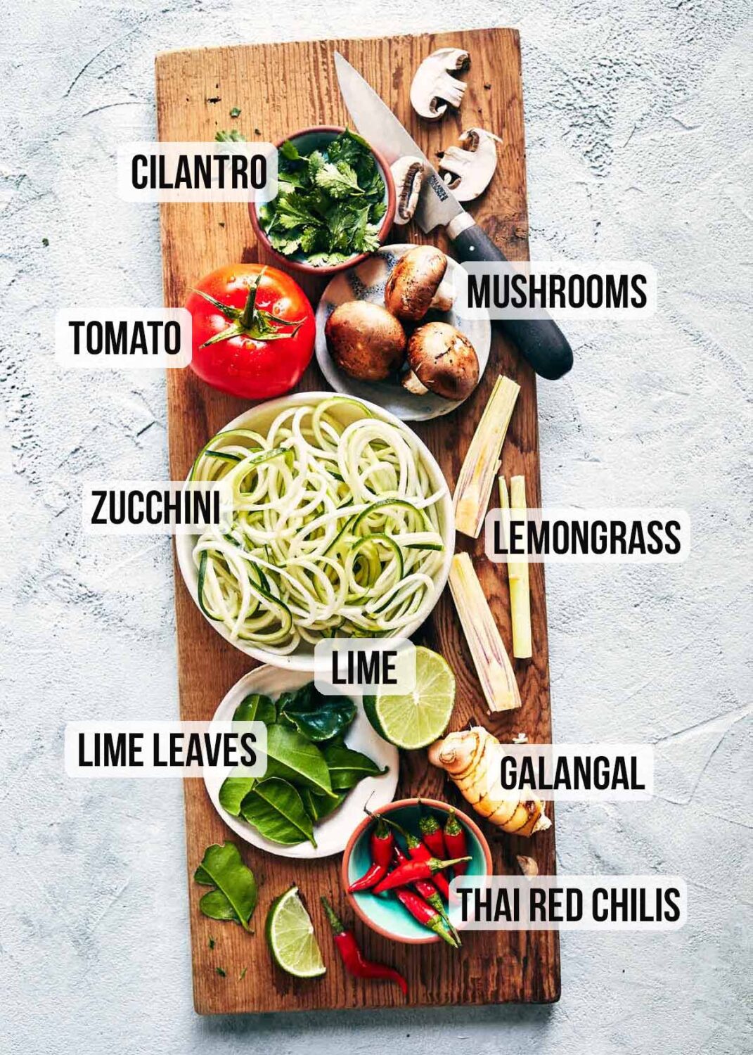 Ingredients to make vegetarian and vegan tom yum soup.