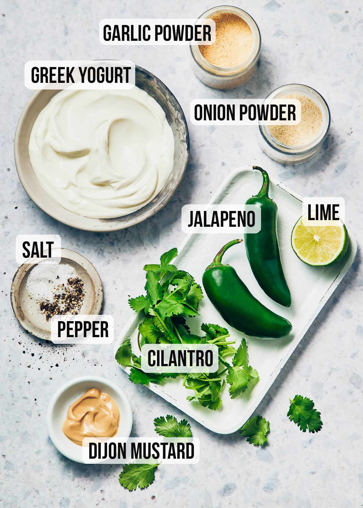 Ingredients to make creamy Jalapeno Ranch Dip with Greek Yogurt.