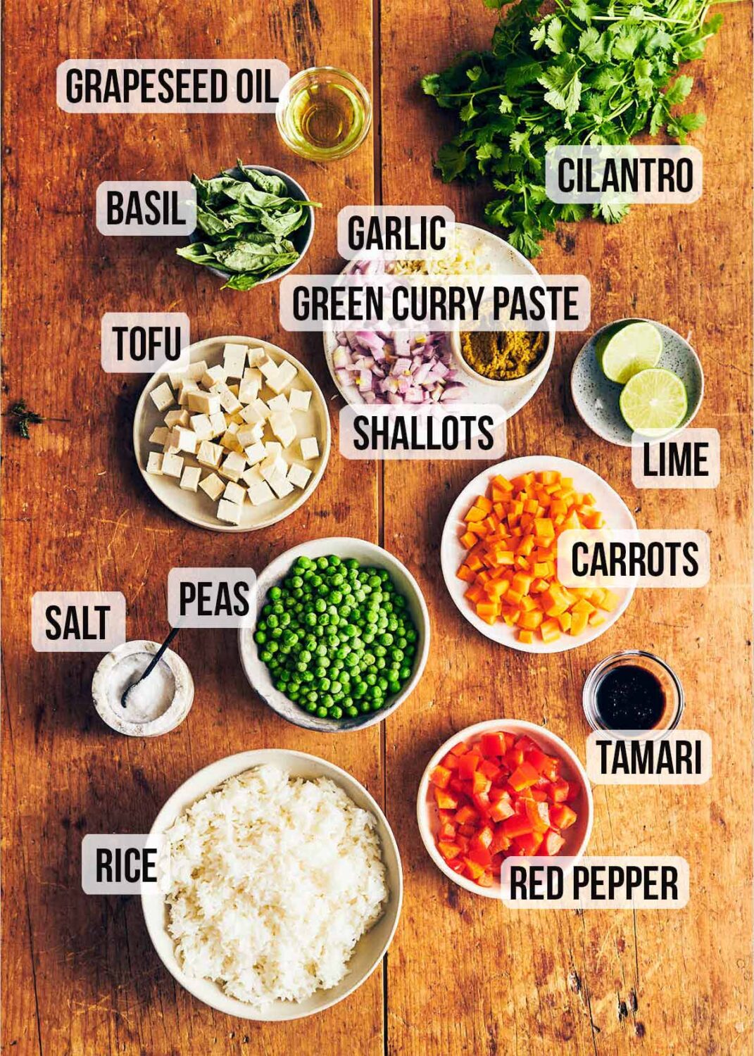 Ingredients for vegan Thai Green Curry Fried Rice.