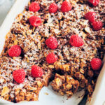 Vegan, eggless, dairy-free French Toast Casserole being served for brunch.