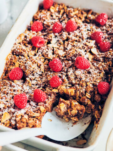 Vegan, eggless, dairy-free French Toast Casserole being served for brunch.