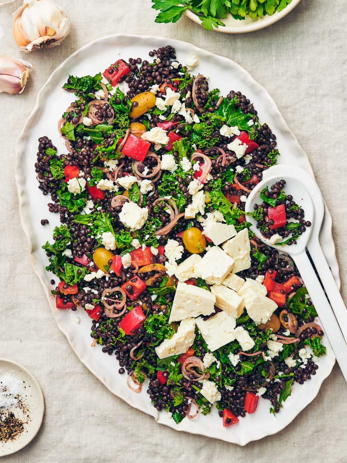 Vegetarian Mediterranean Black Lentil Salad with Feta on a serving platter.