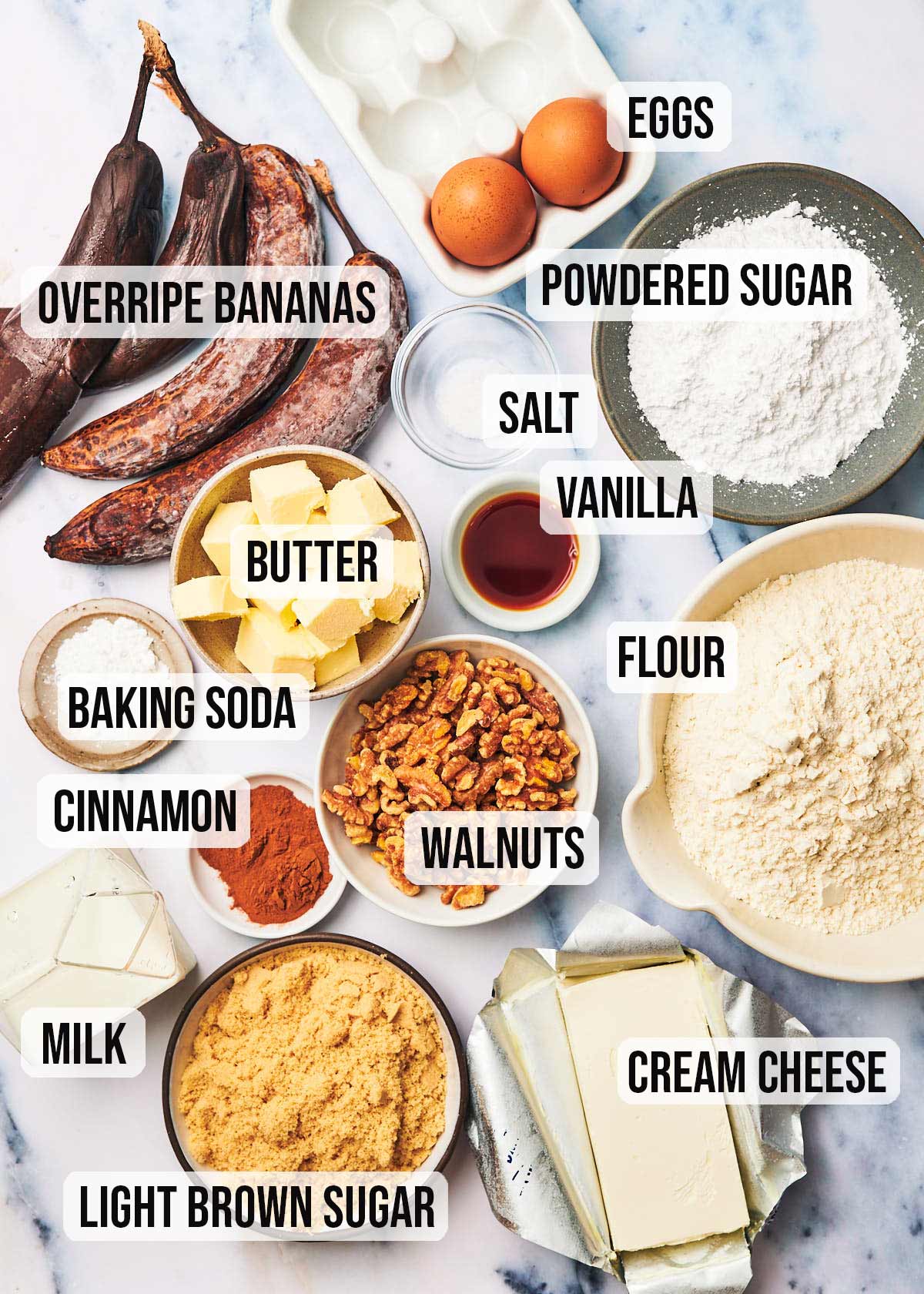 Ingredients to make Walnut Banana Cake with Cream Cheese Frosting.