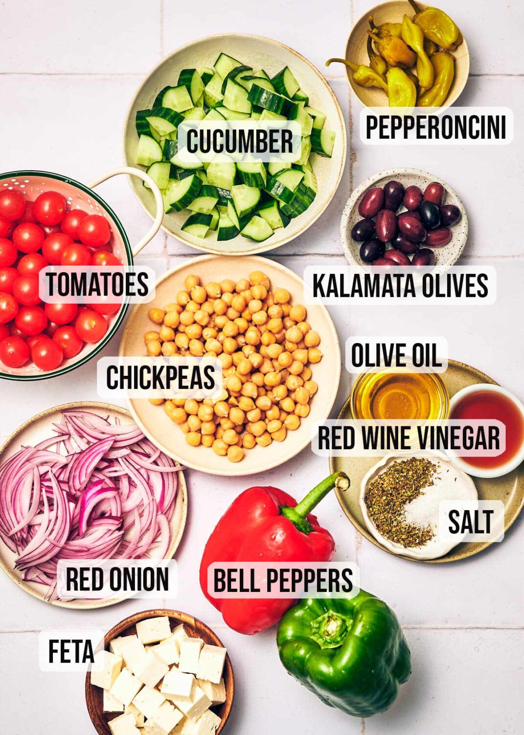 Ingredients to make an easy Greek cucumber salad.