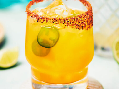 Spicy Mango Margarita with jalapeno peppers.