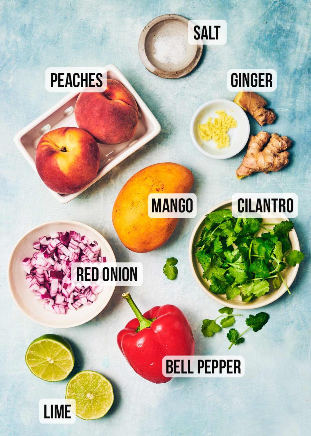 Ingredients to make Peach Mango Salsa.