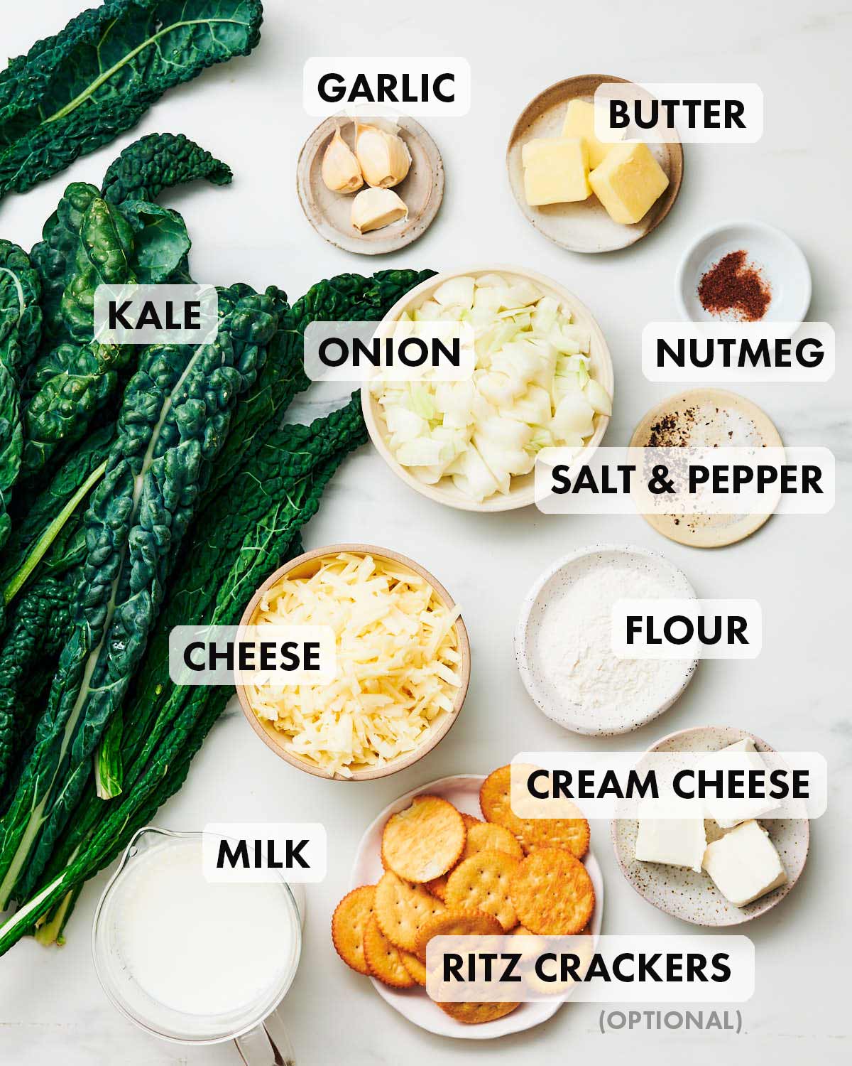 Ingredients to make Easy Creamed Kale with Ritz cracker topping, including cheese and cream cheese.