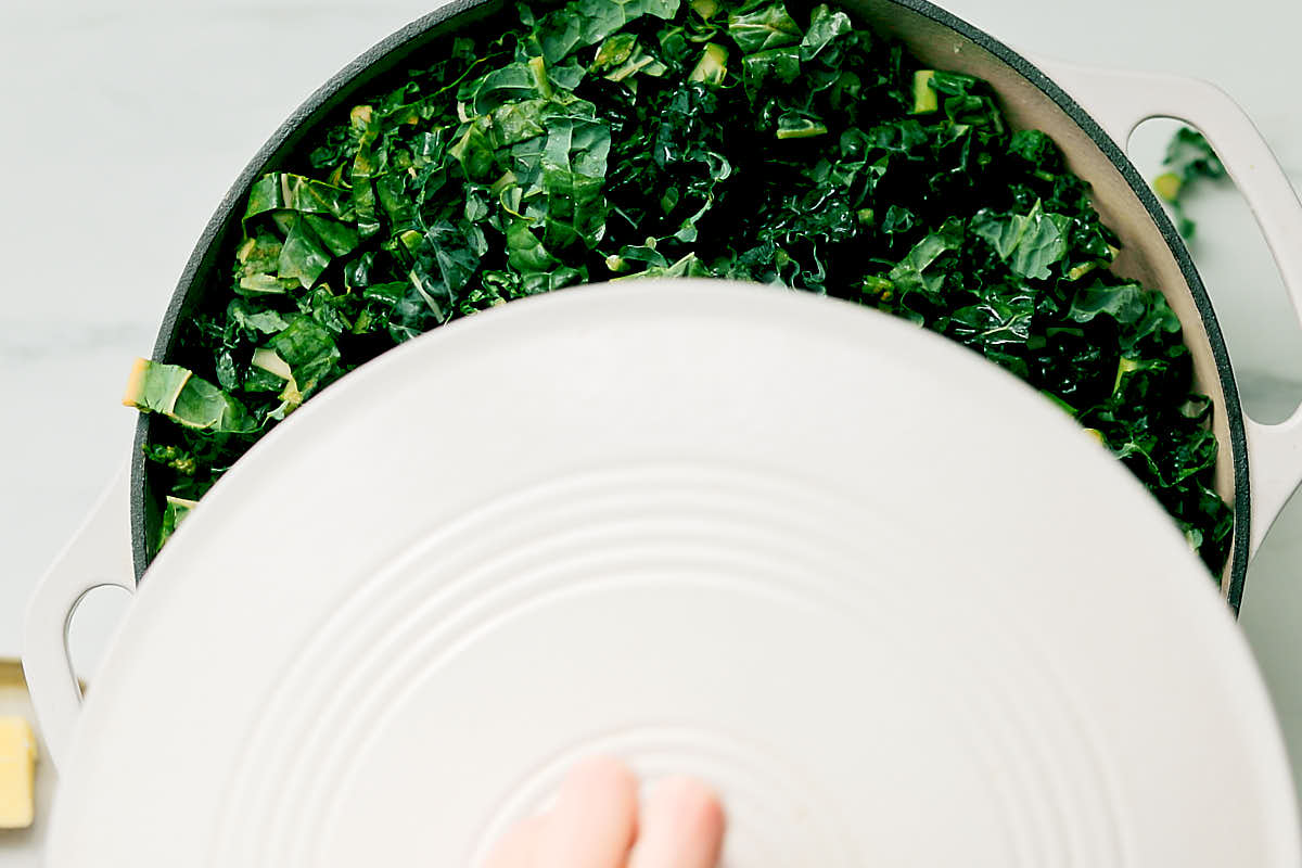 Fresh kale in a pan about to be covered with a lid to cook until softened.