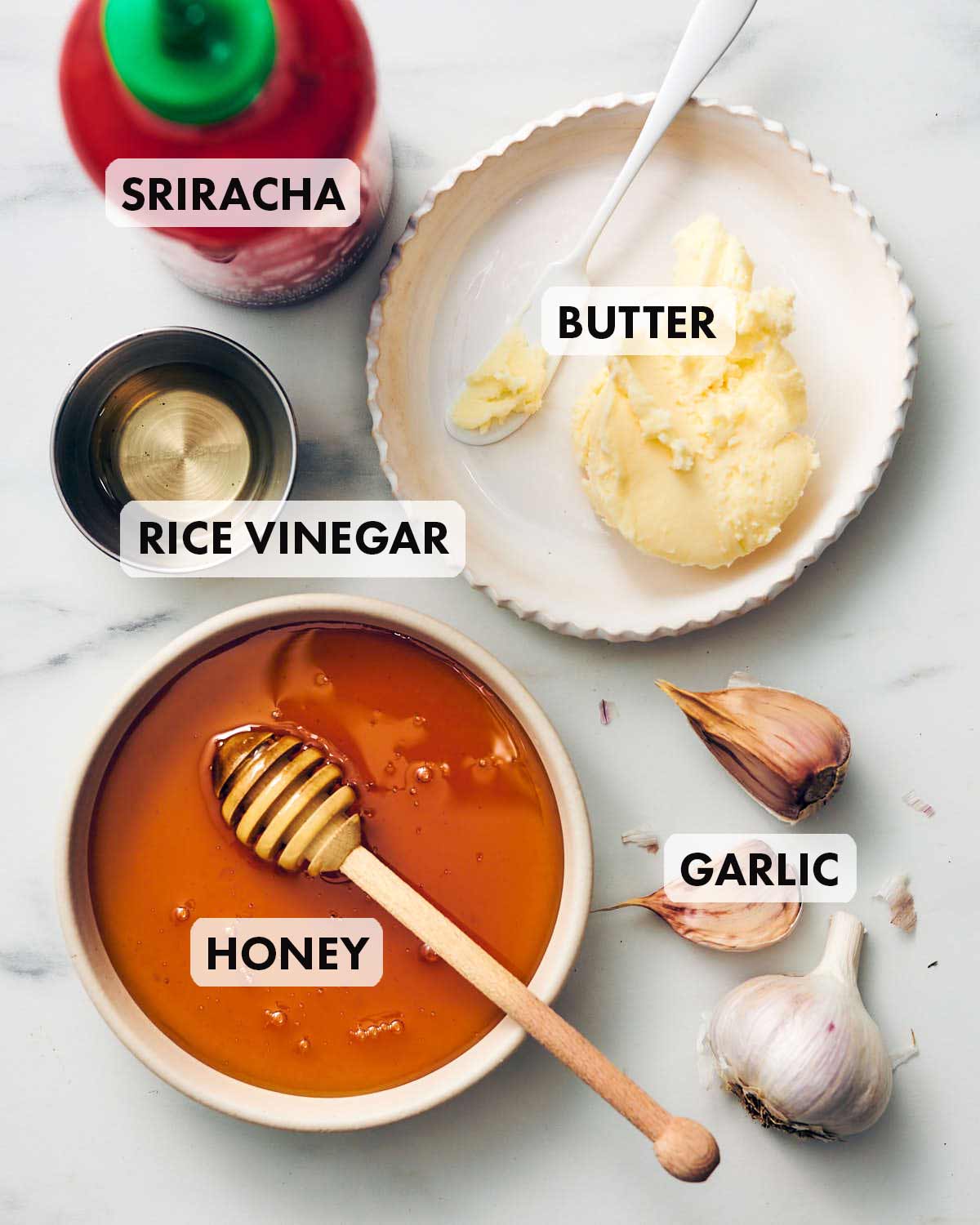 Ingredients to make easy Honey Sriracha Sauce. 