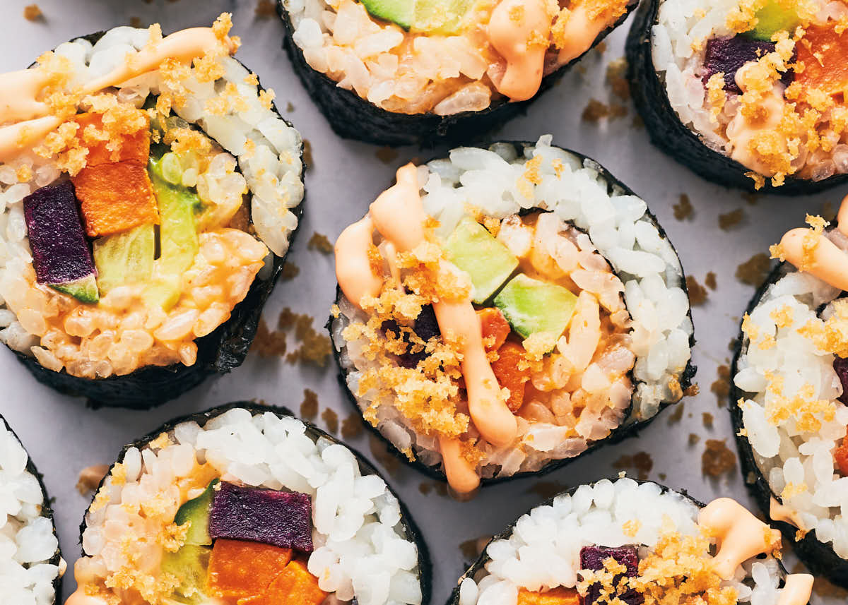 Veggie sushi rolls with sriracha mayo from the Evergreen Kitchen cookbook.