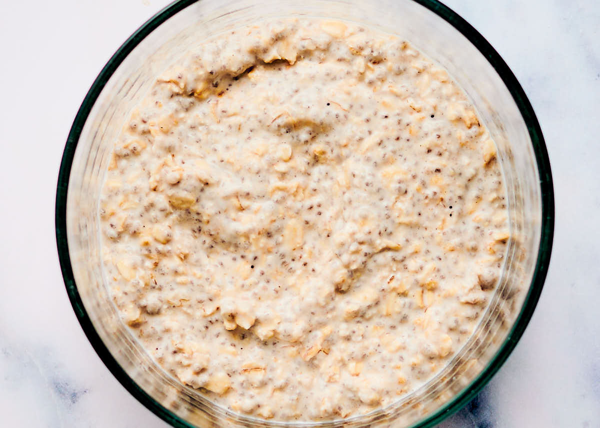 Vegan overnight oats with coconut milk thickened after sitting overnight in the fridge.