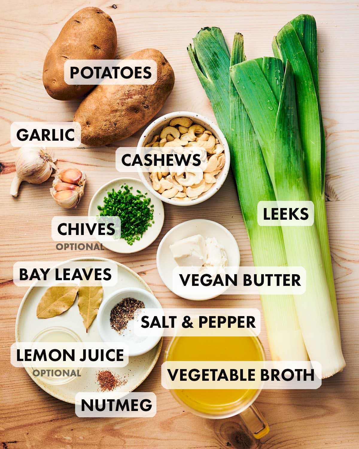 Ingredients to make easy Vegan Potato Leek Soup.