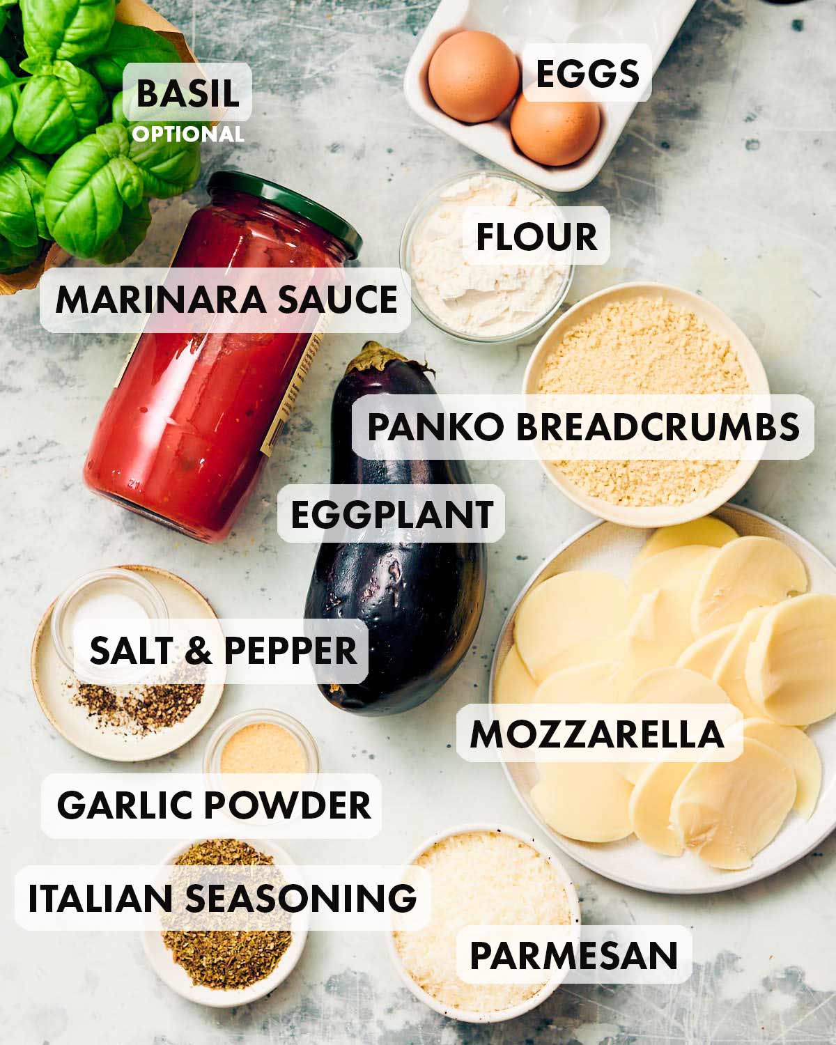 Ingredients to make vegetarian air fryer parmesan recipe.