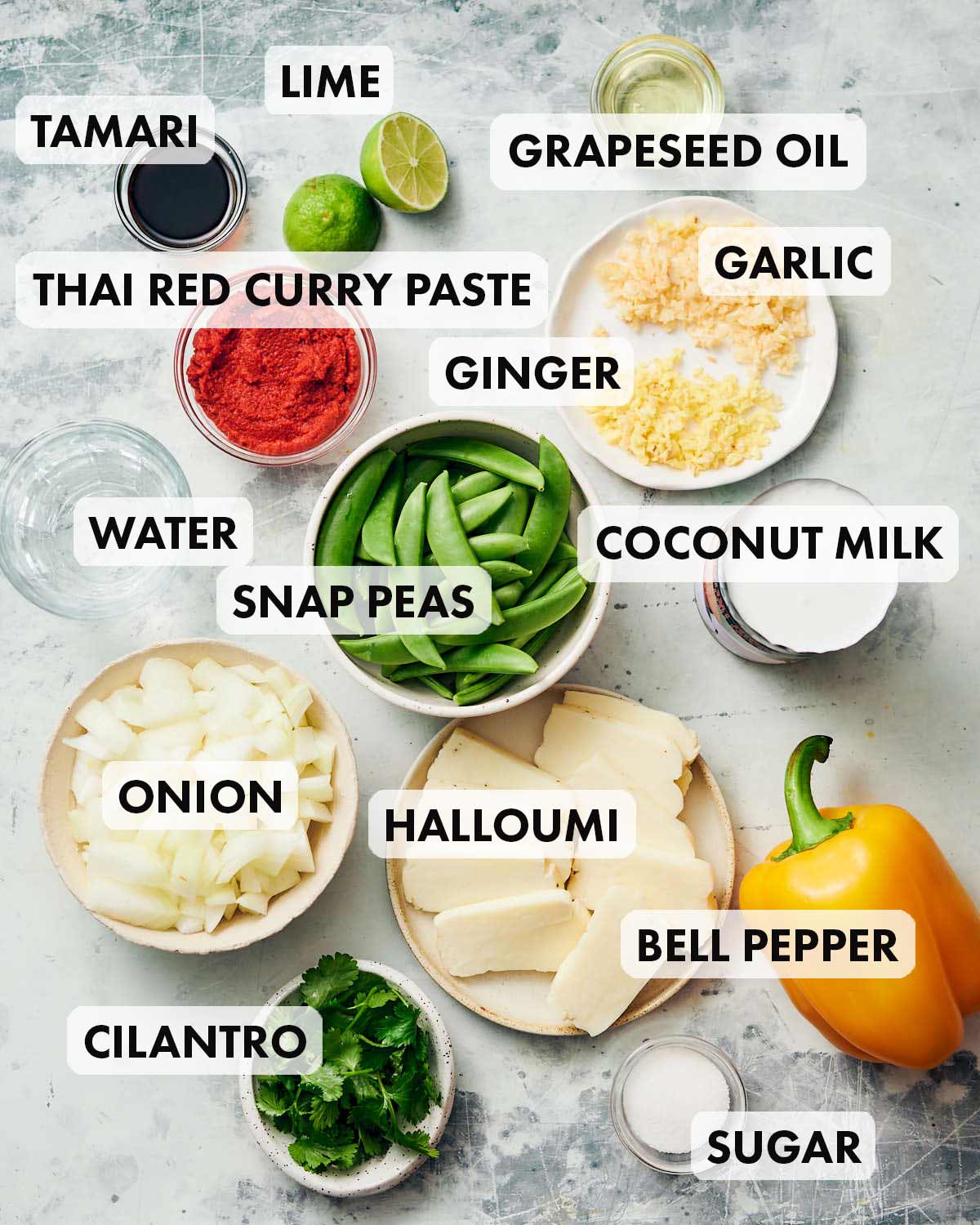 Ingredients to make vegetarian Easy Halloumi Curry.