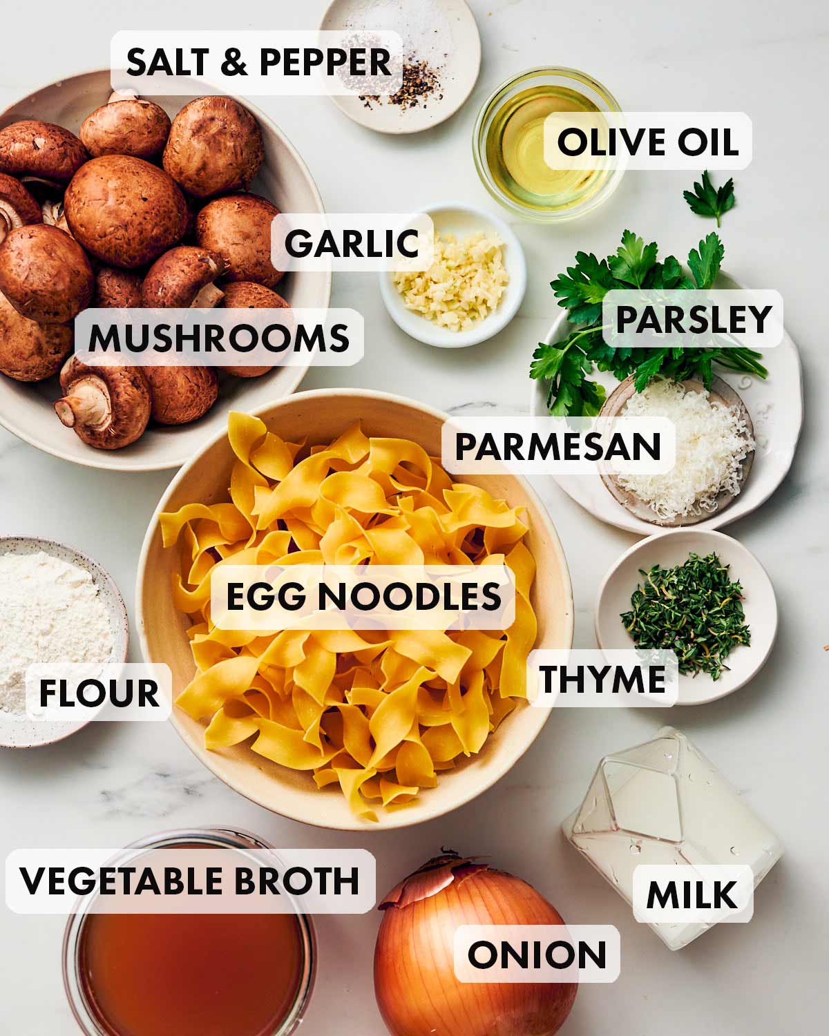 Ingredients to make one pot Vegetarian Mushroom Stroganoff.