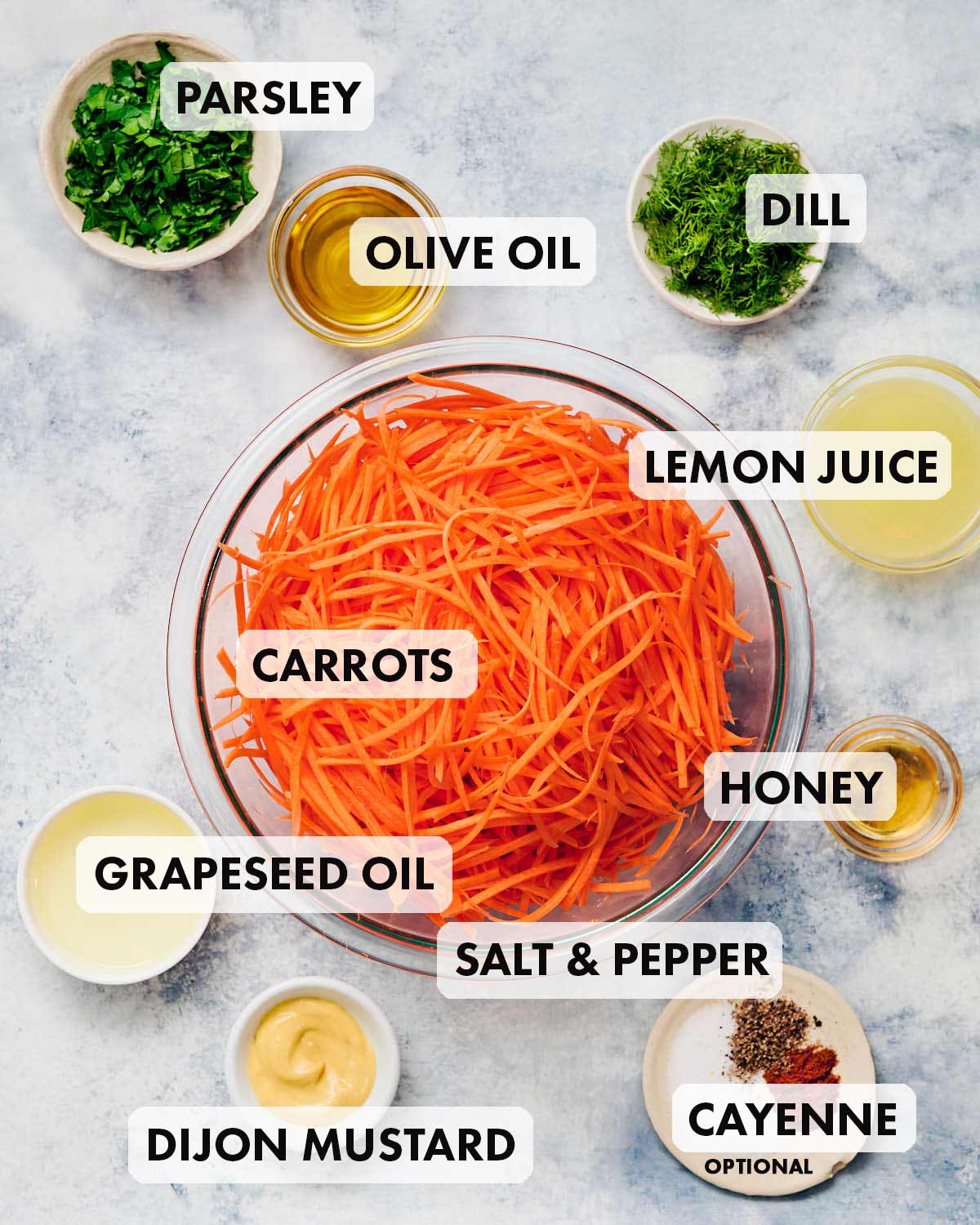 Ingredients to make raw carrot salad.