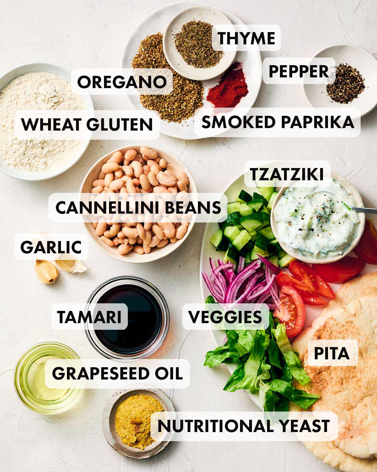 Ingredients to make vegan gyros with seitan, including wheat gluten, tzatzii, and pita.