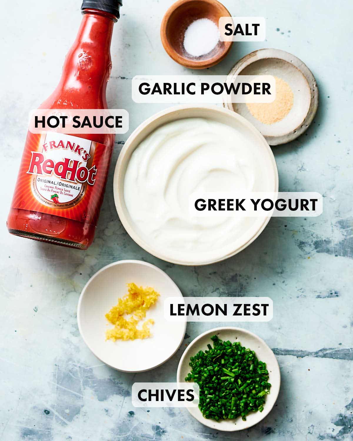 Ingredients to make Greek Yogurt Buffalo Sauce.