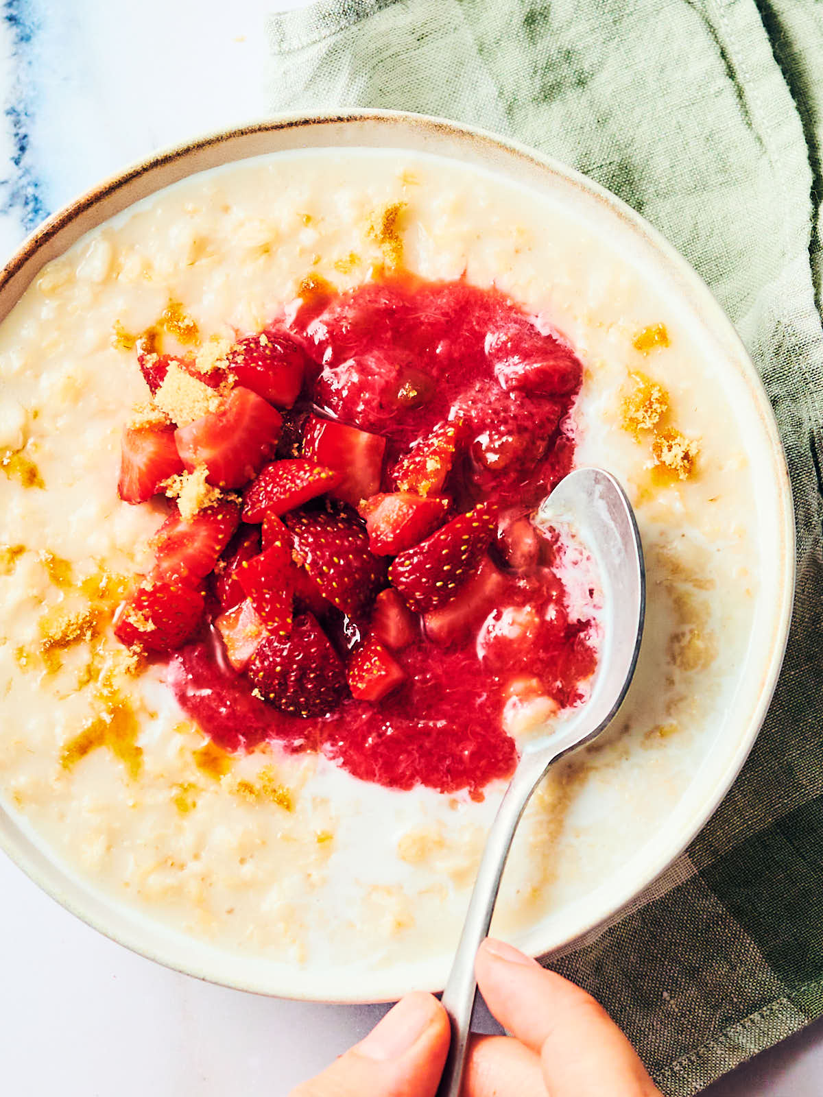 Oatmeal topped with Strawberry Rhubarb Compote.