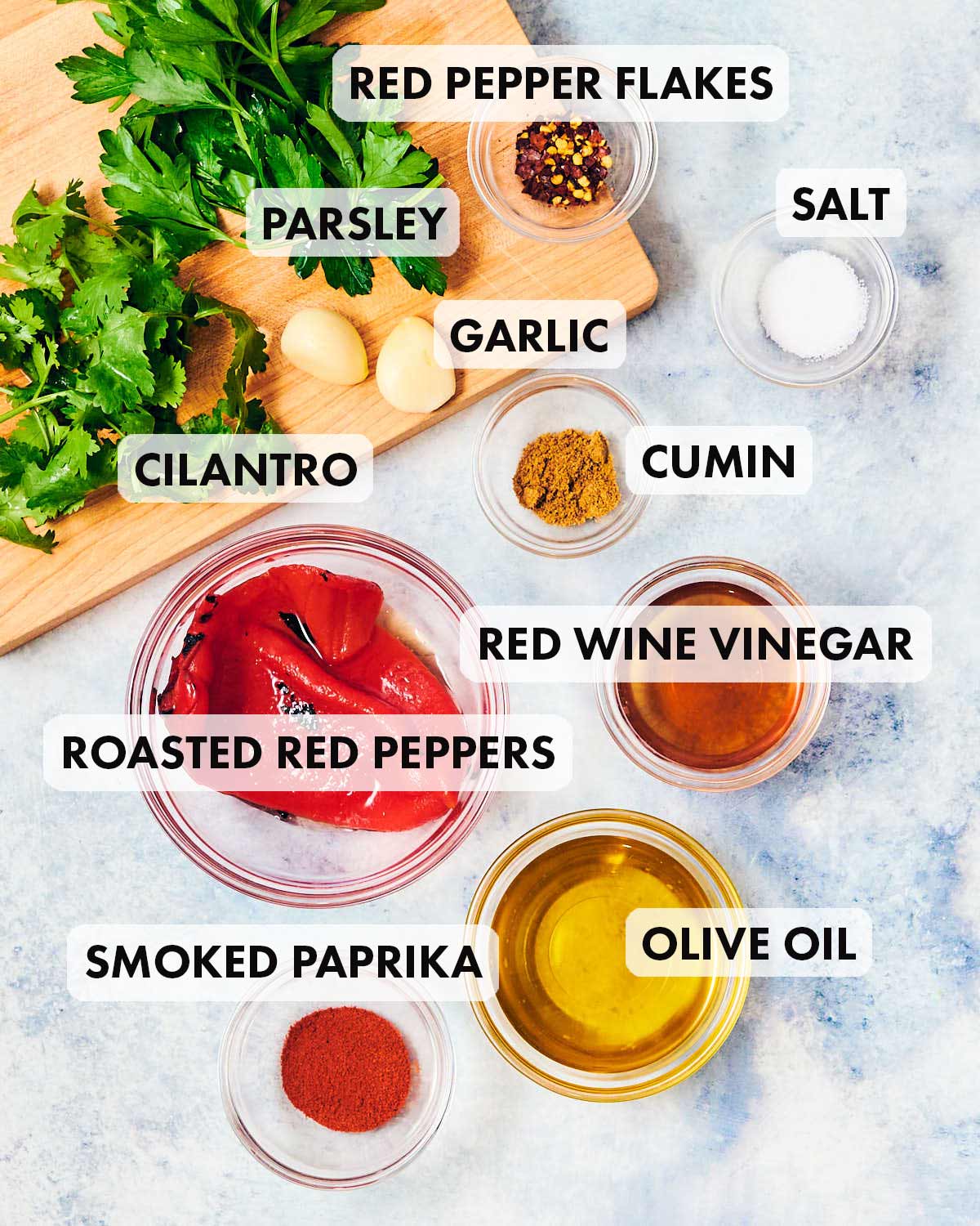 Ingredients to make the best red chimichurri sauce.
