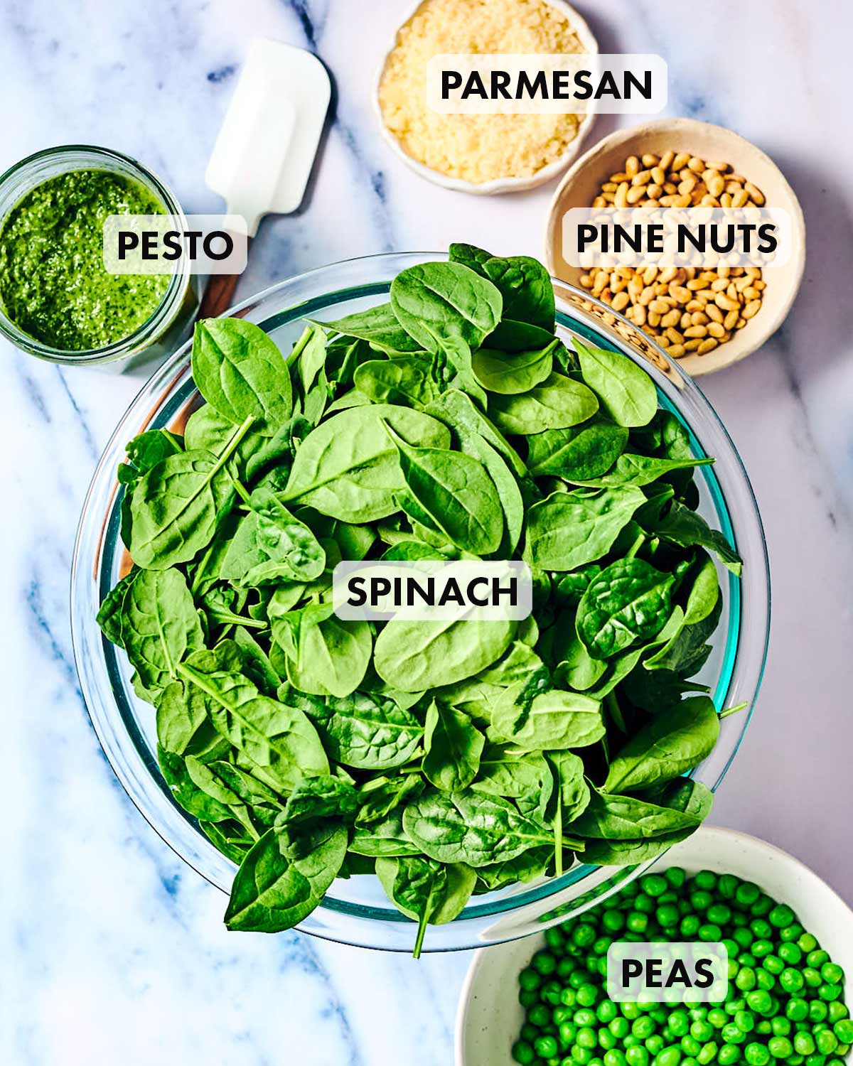 Ingredients to make Pea and Pesto Spinach Salad