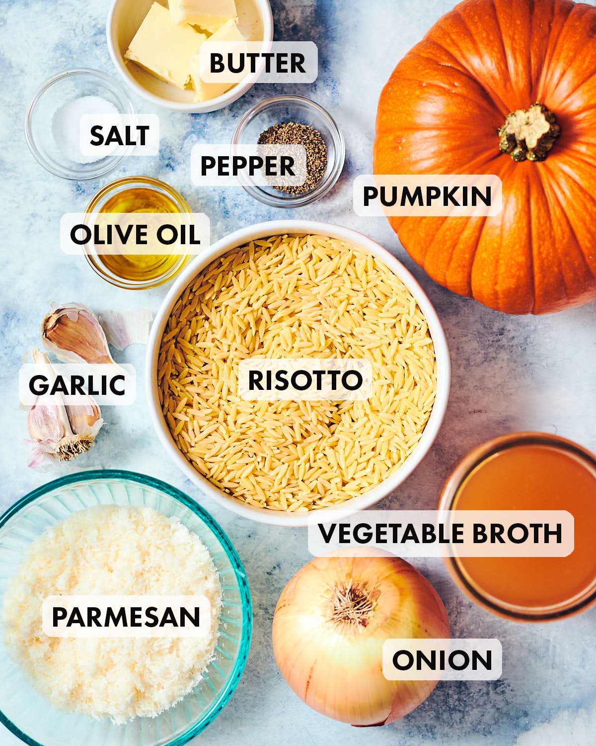 Ingredients to make Evergreen Kitchen's Peppery Pumpkin Orzo recipe.
