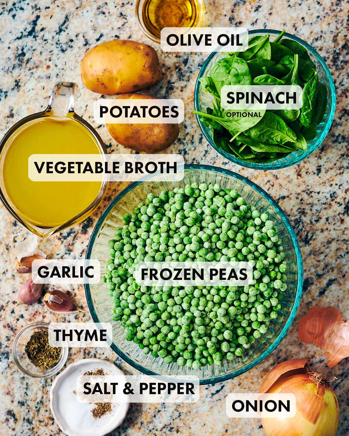 Ingredients to make vegan pea soup from frozen peas.